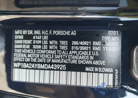 2021 Porsche Cayenne Coupe z USA, uszkodzony, nr VIN WP1BA2AY8MDA43925